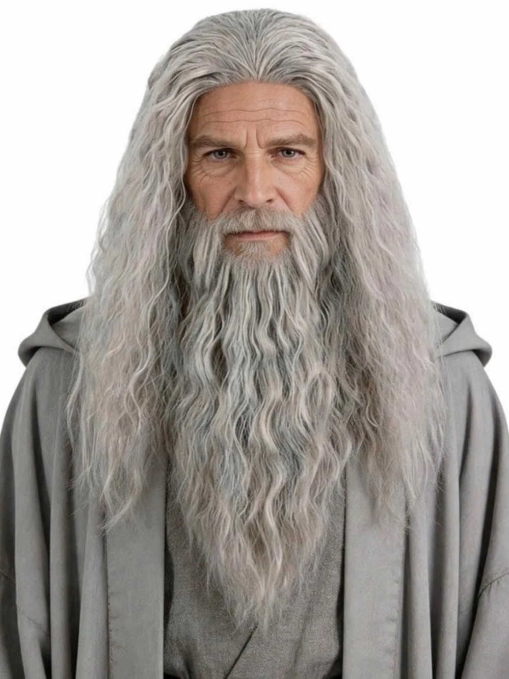 New Men’s Wizard Gray Long Wavy Wig and Beard Costume Set